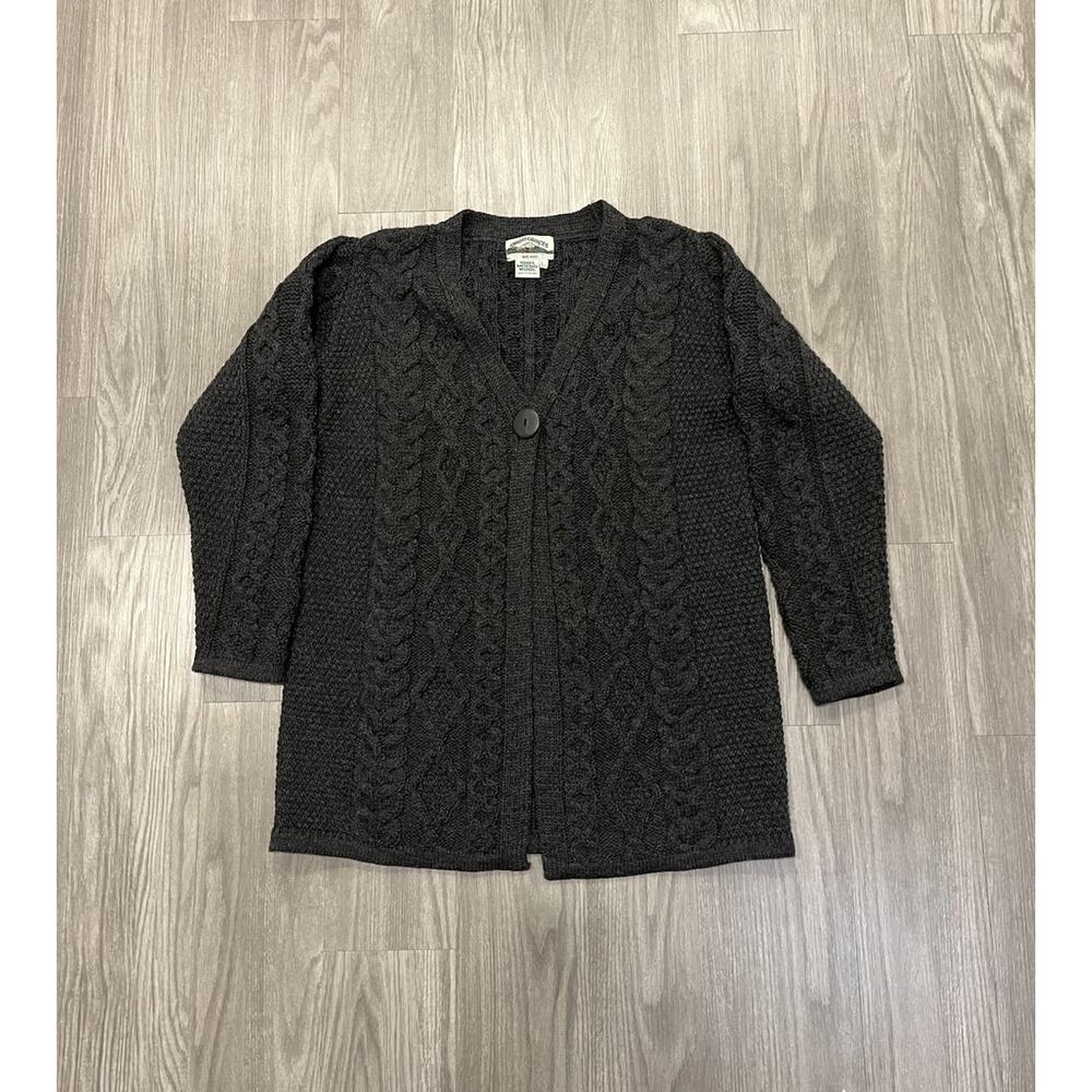 Aran Crafts Cable Knit Sweater Gray Single Button Long Ireland Cardigan Large
